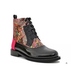 Ninety Union Psychedelic Print Combat Boots Black Pink Suede Folk‎ Art Women's 9